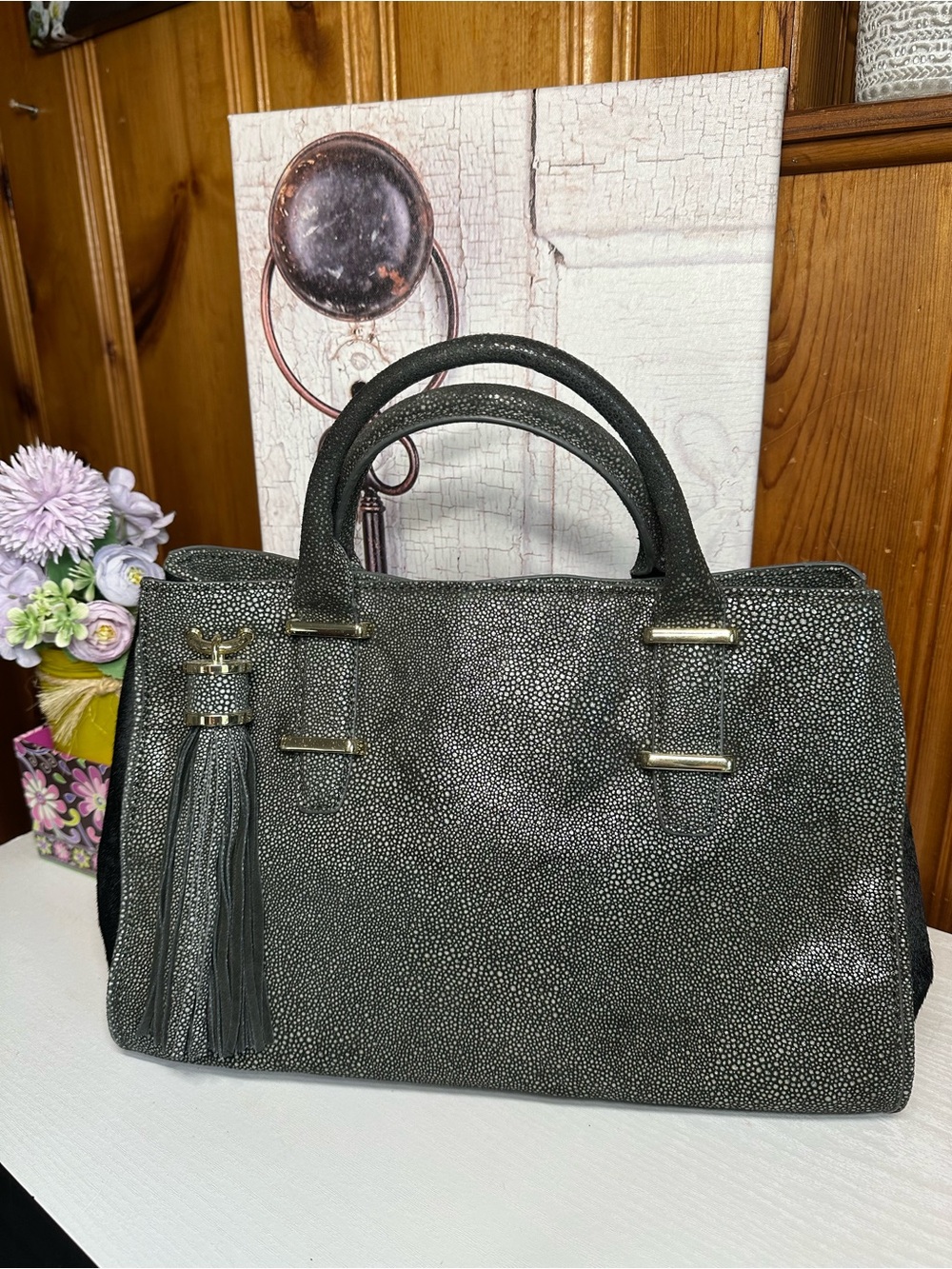 Ivanka Trump Metallic Gray Textured Tote with Tassel - Picture 16 of 16